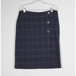 J. Jill Navy Plaid Faux Wrap Pull On Straight Pencil Skirt Sz M Petite